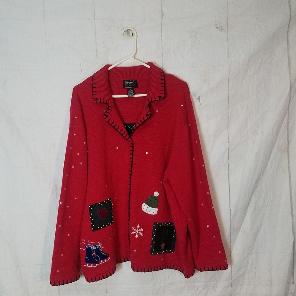 Studio fa La La Red Holiday Cardigan with Festive Patches Christmas Sweater